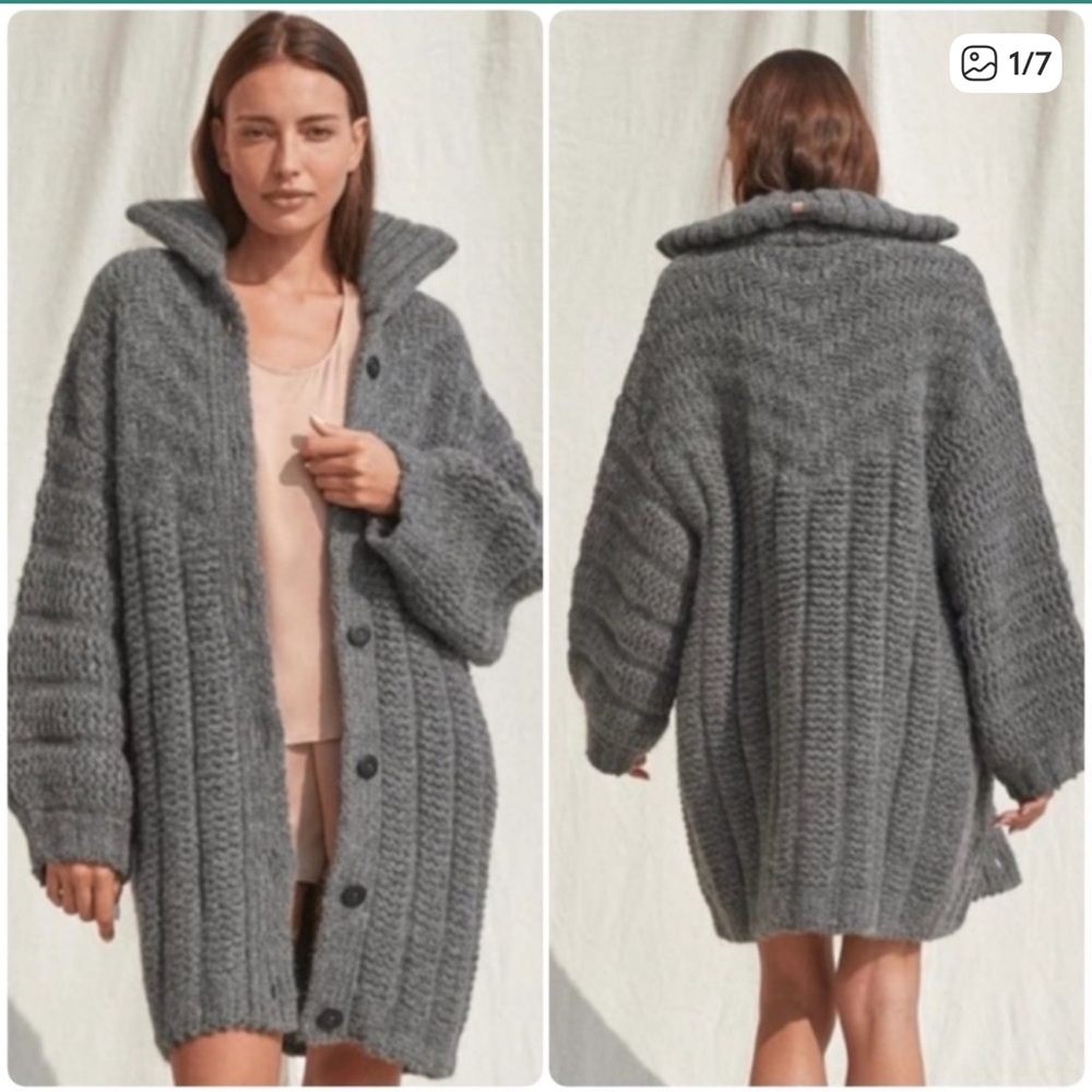 Lunya Alpaca Wool Chunky Knit Car Coat Cardigan Sweater Grey Size Medium